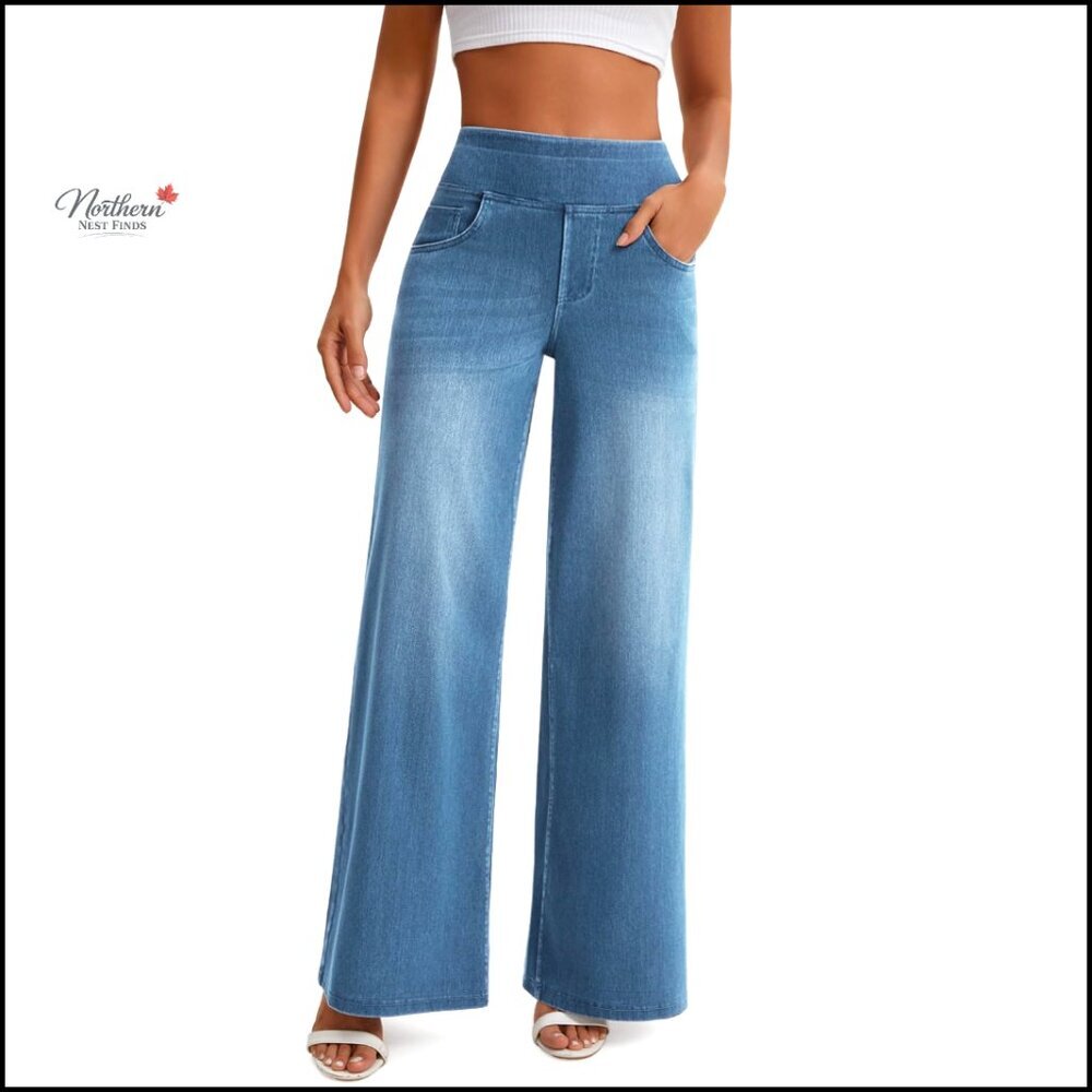 Wide Leg Pull On Jeans High Waisted Stretchy Elastic Waist Baggy Denim Pants
